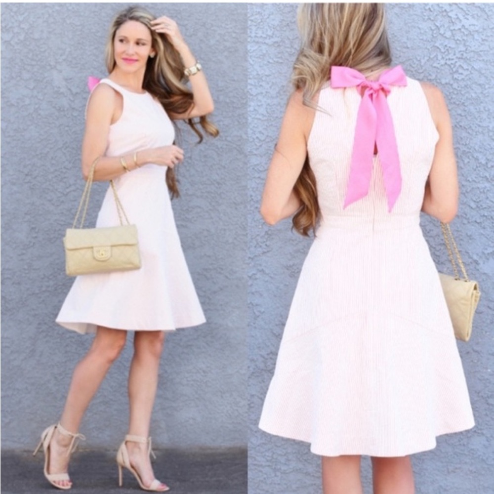 J. Crew Light Pink Fit-and-Flare Dress with Bright Pink Bow